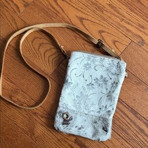 Myra Bag Light Blue Floral Crossbody with cow Hyde Accent and Tan leather Strap
